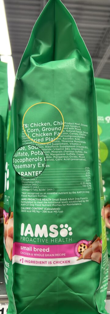 Bag of kibble with ingredients.