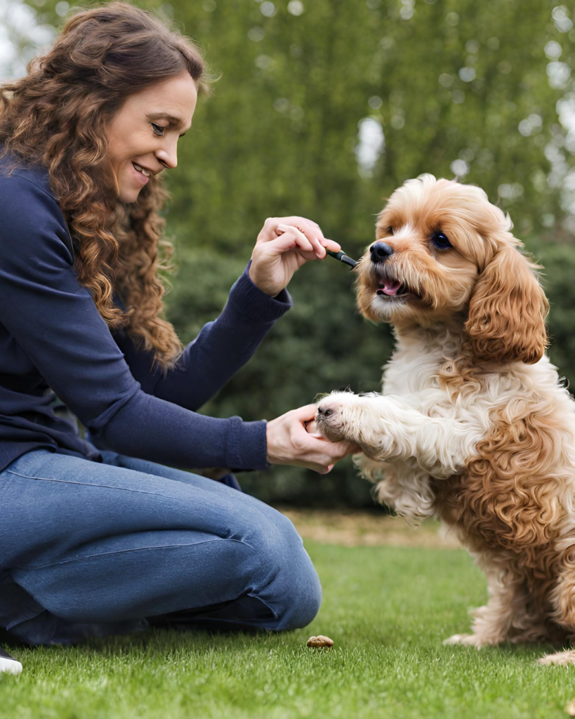 Cavapoo and his owner showing teamwork