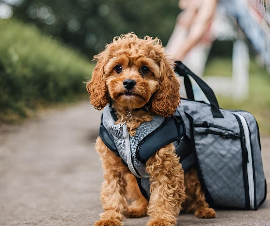 a Cavapoo with his bags packed for his trip