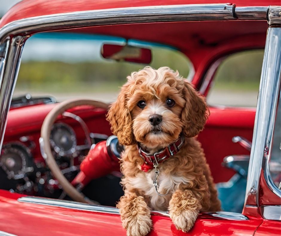 a cavapoo sitting behind the wheel of a red 55 Chevy.