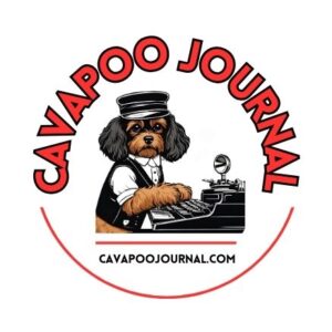 logo with red words Cavapoo Journal and a Cavapoo dog sitting at a typewriter.