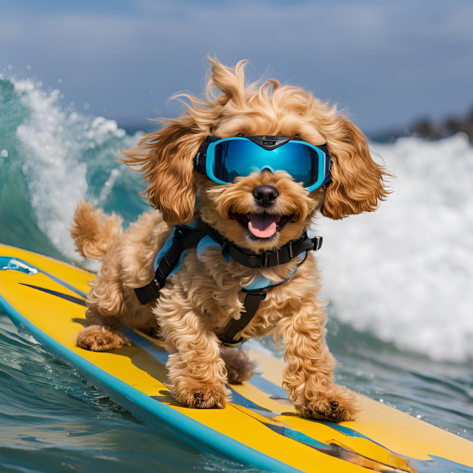 cavapoo riding a surf board