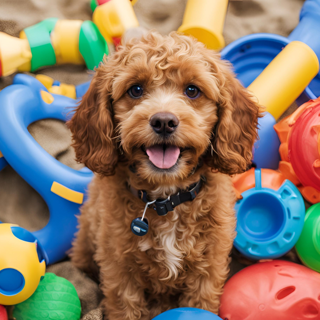 cavapoo surrounded by beach toys